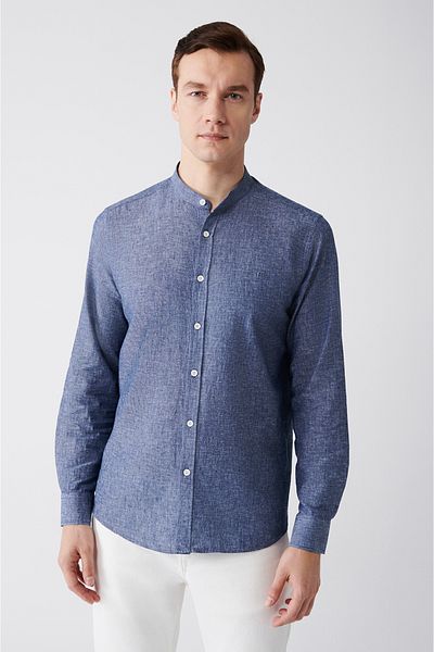 Avva Herren-Hemd aus Leinenmischung in Indigo mit Richterkragen B 002027