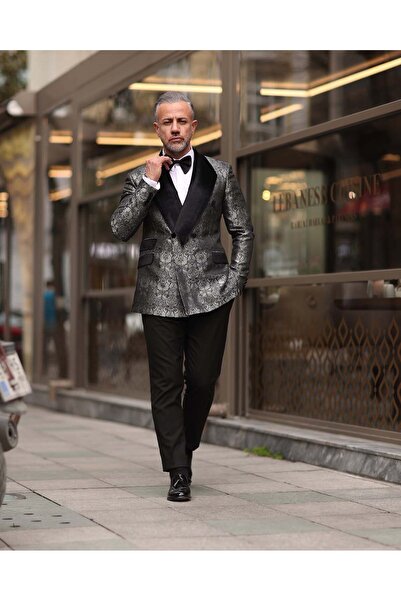 Fc Plus Damatlık Üçgen Şal Yaka Kruvaze Takım Elbise -slim Fit