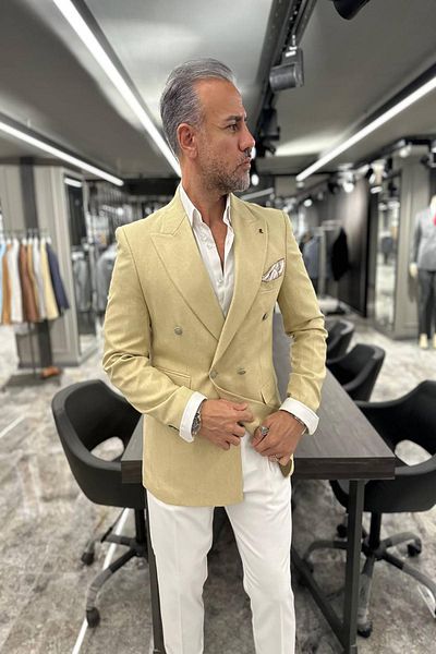Fc Plus Double Breasted Wide Collar Beige Jacket with Pocket Detail