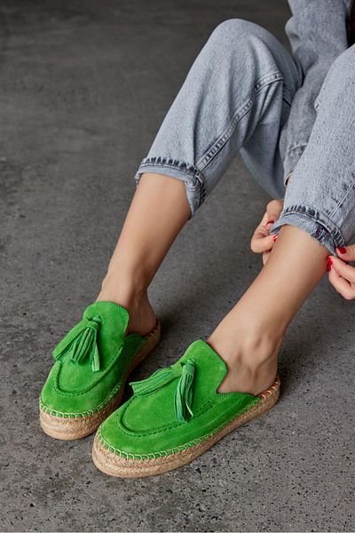 NILUFARR Papuci de damă din piele naturală din piele naturală din piele de căprioară verde
