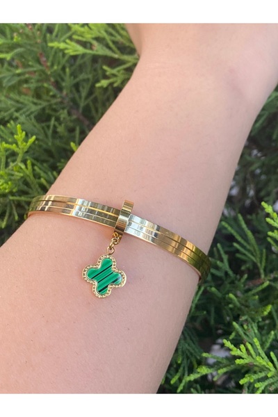 rosshine Ajda Bilezik Uyumlu Çelik Charm Sallantılı Yeşil Yonca Model (BİLEZİ...