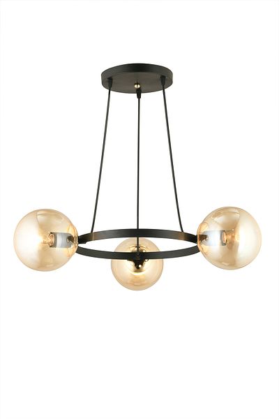 SONSUZ AYDINLATMA&AVİZE Infinite Black 3-Piece Ring Honey Globe Glass Modern Chandelier