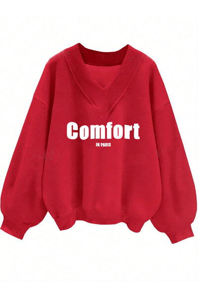 Agolady Crvena majica sa V-izrezom, udobna Štampano Oversize kroj