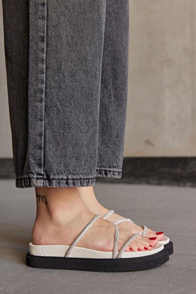 NILUFARR Блискучі білі жіночі капці з натуральної шкіри з камінцями