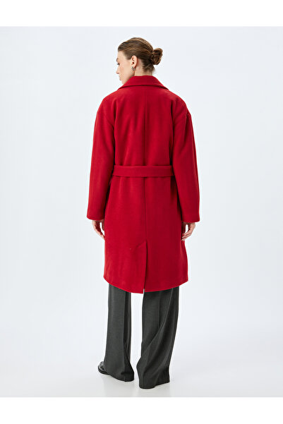 Koton Kemerli Düğmeli Kruvaze Uzun Kaşe Kaban