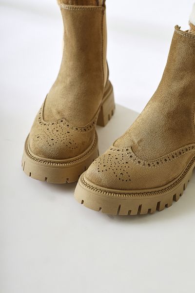 Limoya Leyah Nud, Μπεζ Suede Laser Cut Λεπτομερείς ελαστικές γυναικείες μπότες, γυναικεία μποτάκια