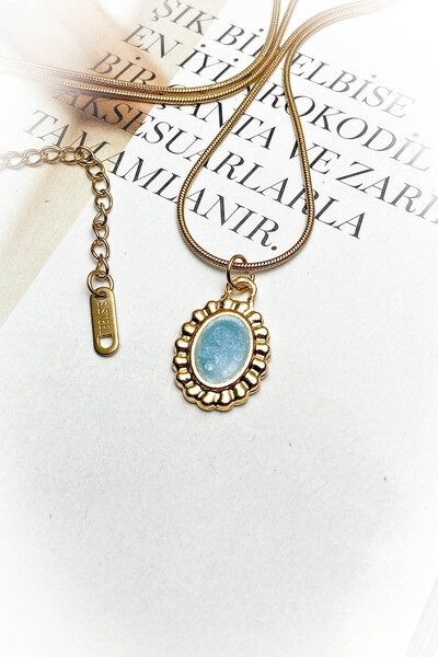 roshel Çelik Madalyon İşlemeli Model Mavi Mineli Kolye 2 Farklı Renk Seçeneği