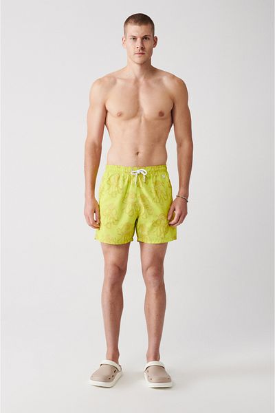 Avva Gelbe, schnell trocknende, mit Oktopus bedruckte Badehose in Standardgröße für Herren mit spezieller Tragetasche, Meeresshorts A31y3816