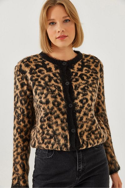 Bianco Lucci Women's Leopard Patterned Ribbed Cardigan 241070 60251938