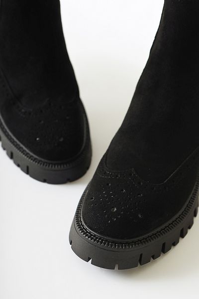 Limoya Leyah Black Suede Laser Cut Λεπτομερείς ελαστικές γυναικείες μπότες, γυναικεία μποτάκια