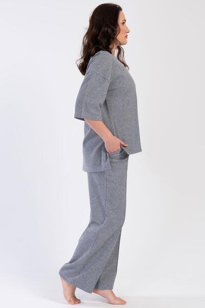 VİENETTA Women's Plus Size Jacquard Long Sleeve Gray Pajamas Suit C5T2N0O204