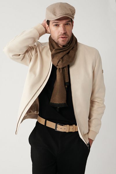 Avva Ανδρικό μπεζ Bomber γιακά με φερμουάρ Suede Look Thin Coat A32y6040