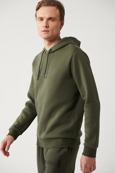 Avva Khakifarbenes Herren-Sweatshirt mit Kapuze, 3-fädig, erhaben, bedruckt, A32y1240