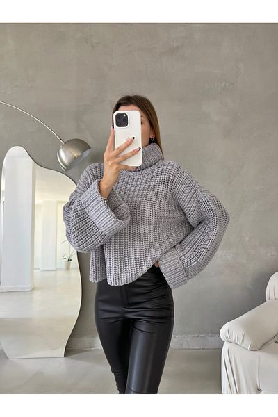 Elilook Women's Turtleneck Premium Knit Oversize Crop Knitwear Sweater