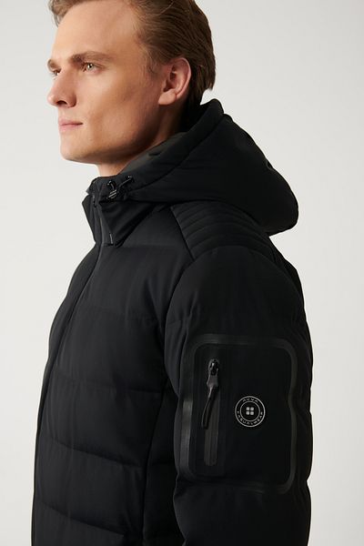 Avva Men's Black Puffer Jacket Goose Feather Water Repellent Windproof with Thermometer Detachable Hood Comfort