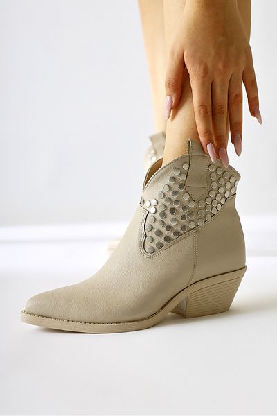 Limoya Tency Beige Studded Detailed Pointed Toe Western Γυναικείες Μπότες, Γυναικεία Μποτάκια
