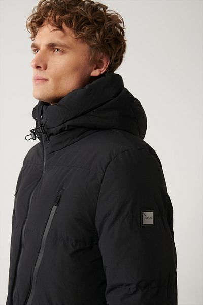 Avva Men's Black Water Repellent Windproof Hooded Puffer Jacket with Thermometer A32Y6015