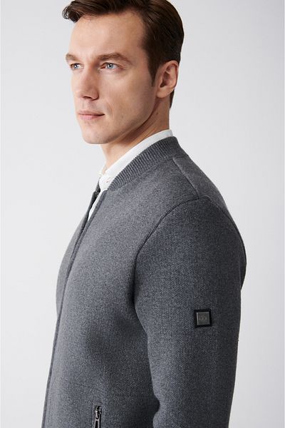 Avva Men's Anthracite Bomber Collar Zippered Cardigan A31Y6060
