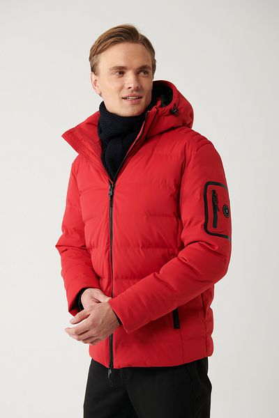 Avva Men's Red Puffer Jacket - Repellent, Windproof, Thermometer, Detachable Hood A32Y