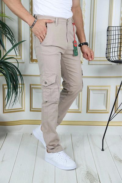 PHANTOM JEANS Ανδρικό παντελόνι Cargo σε μπεζ χρώμα - Lycra, Flexible Gabardine/Canvas, Bellows Pocket, Commando Cargo Pocket