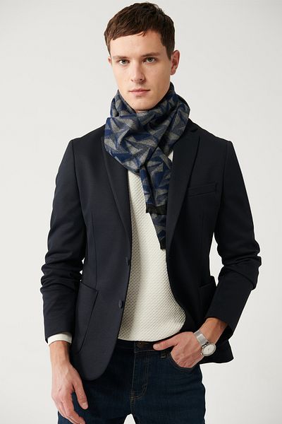 Avva Marineblaue Herren-Strickjacke mit Mono-Kragen und doppeltem Schlitz, ungefüttert, B 004001