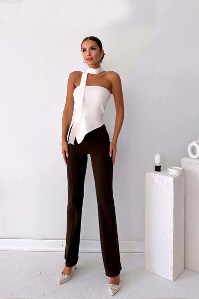 Mine Tan Butik Palazzo Full Lycra Ψηλόμεσο Γυναικείο Παντελόνι - Καφέ