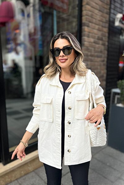 Eswomes Kargo Cepli Jean Ceket Ekru