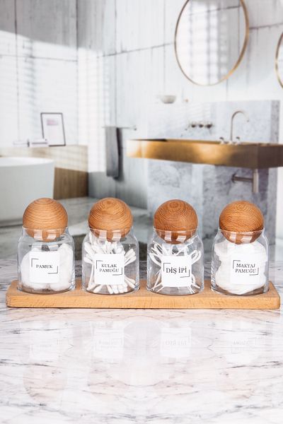 Karçiçeği Home Set of 4 Vacuum Cotton Jars with Bamboo and Wooden Ball Lids - 300 ml