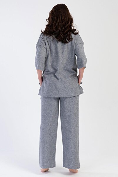 VİENETTA Women's Plus Size Jacquard Long Sleeve Gray Pajamas Suit C5T2N0O204