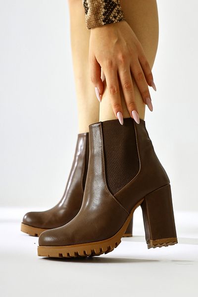 Limoya Dorsaf Brown, Bitter Brown Color Oval Toe Elastic Heeled Γυναικείες Μπότες, Γυναικεία Μποτάκια