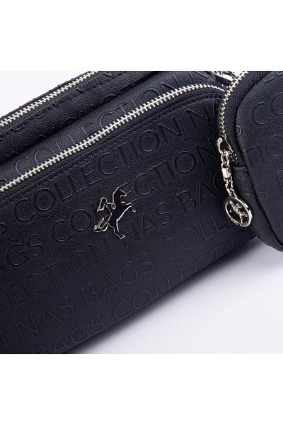 Nas Bag Mini portofel mini cruce pentru femei în relief negru cu emblemă de cal (NOU: 20 CM; DIMENSIUNE 14 CM)