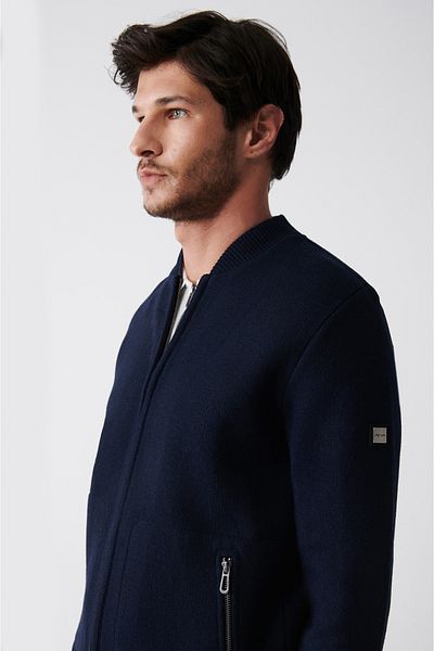 Avva Marineblaue Herren-Strickjacke mit Bomberkragen und Reißverschluss A31y6060
