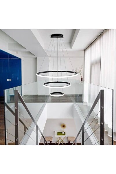 GN GEN AYDINLATMA Salon,Oturma Odası Üçlü Halka LED Avize Siyah Beyaz Işık
