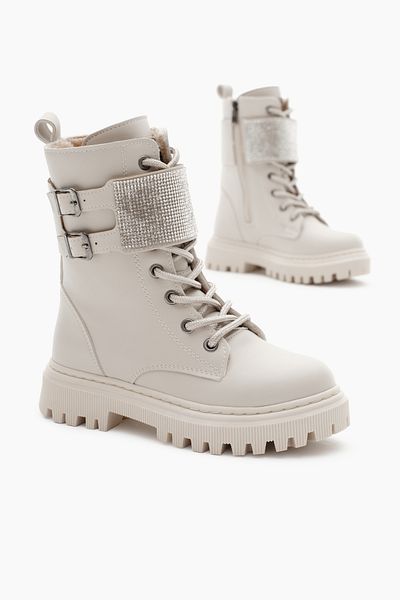 Tonny Black Κοριτσίστικα μπεζ δερμάτινα Thermo Sole Stone Λεπτομερείς μπότες με διπλή πόρπη με κορδόνια και Velcro με φερμουάρ