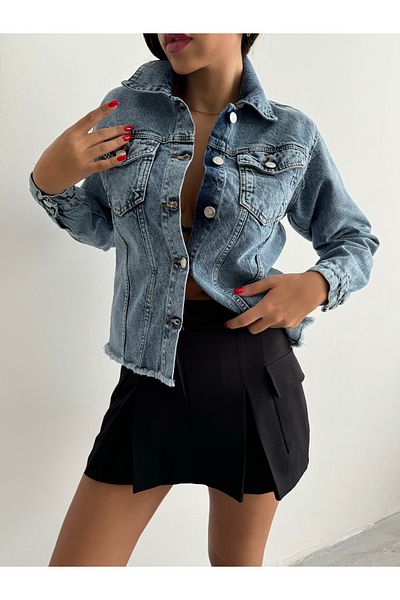 Swet Shop Jeans Jachetă de blugi oversize cu ciucuri în talie pentru femei