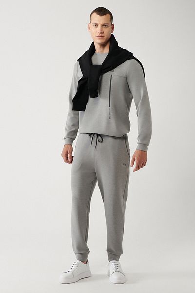Avva Graue Soft-Touch-Jogginghose für Herren mit Taillenschnürung und bedrucktem Bein A32y3431