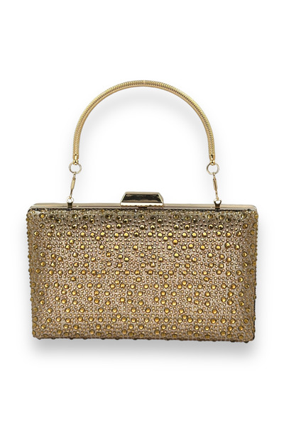 MidStore Geantă de seară cu mâner metalic de culoare aurie, cu piatră de cris...