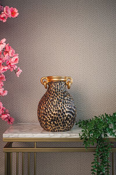 Ella's Design Studio Beige Black Gold Vase with Handle - New Year Gift, Decorative Home Gift