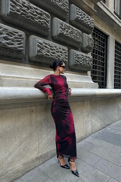 Eka Women's Burgundy Tie-Dye Pattern Dress 1026- 221617