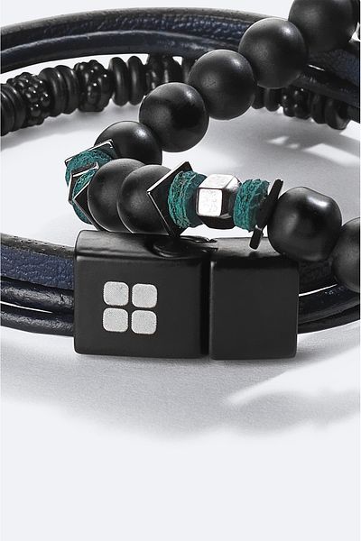 Avva Men's Black 2-Piece 100% Leather and Jewelled Bracelet A32Y9633