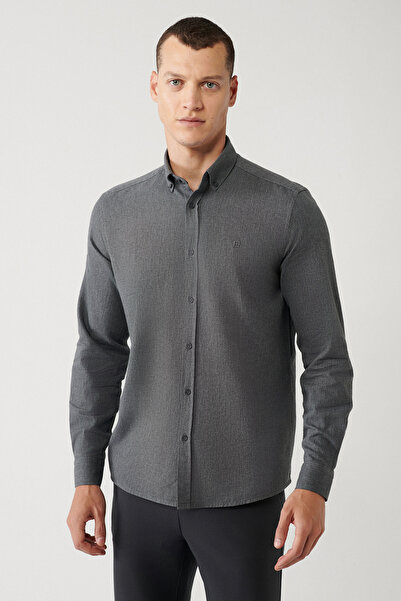 Avva Erkek Antrasit Düğmeli Yaka %100 Pamuk Regular Fit Gömlek B002033