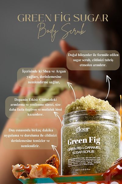 GLOUR Green Fig & Caramel Sugar Scrub 250ml |   Cellulite, Strawberry Leg, Ingrown Hair Removal Sugar Scrub