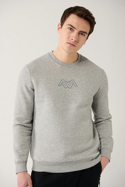 Avva Men's Gray Crew Neck 3 Thread Raised Printed Sweatshirt A32Y1273