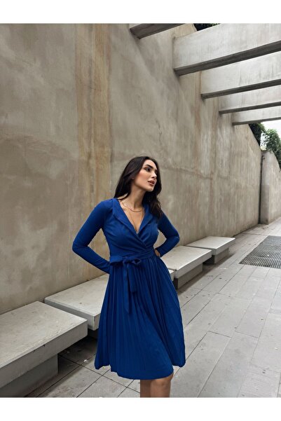 Sindimoda Paul Kruvaze Yaka Pliseli Midi Elbise 582259