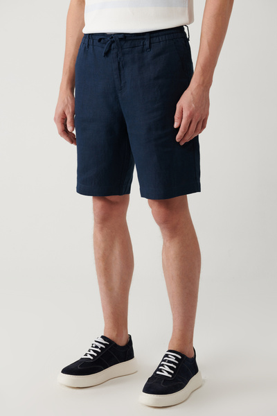 Avva Erkek Lacivert Beli Lastikli %100 Keten Assos Relaxed Fit Şort A41Y3710