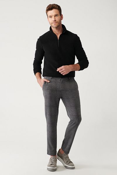 Avva Men's Black Side Pocket Plaid Soft Button Knitted Chino Pants A32Y3075