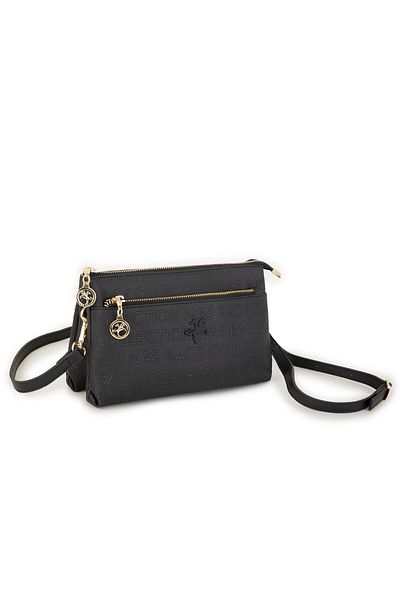 Nas Bag Black Embossed Women's Crossbody and Clutch Bag - with Wrist and Crossbody Strap (24X15 cm)