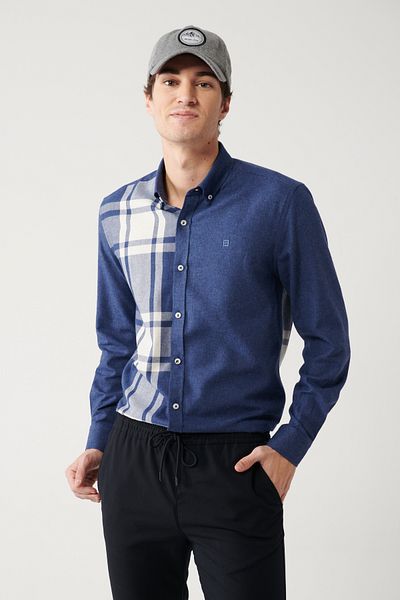 Avva Férfi sötétkék kockás flanel favágó ing A32y2119