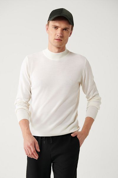 Avva Herren-Strickpullover mit halbem Rollkragenpullover und Wollmischung in Ecru B 005015
