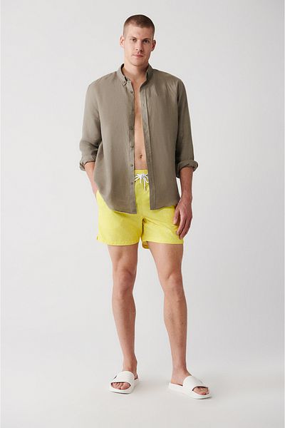 Avva Gelbe, schnell trocknende, mit Blumenmuster bedruckte Badehose in Standardgröße für Herren mit maßgeschneiderter Tragetasche, Badeshorts A31y3809